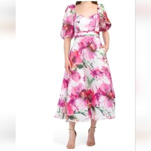 𝅺theia Oeganza Multi Floral Print Tea Leght Cocktail Dress